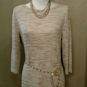White House Black Market 3/4 Sleeve Tunic Sweater In Tan Metallic Thread Size S